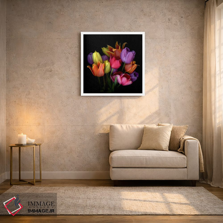 تابلو دکوراتیو دسته گل لاله های نارنجی، زرد، بنفش و صورتی اثر مگدا ایندیگو - D2W