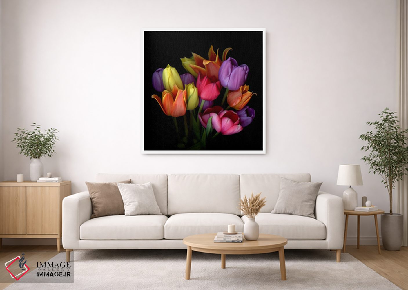 تابلو دکوراتیو دسته گل لاله های نارنجی، زرد، بنفش و صورتی اثر مگدا ایندیگو - D1W