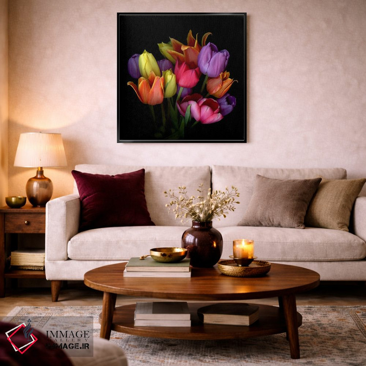 تابلو دکوراتیو دسته گل لاله های نارنجی، زرد، بنفش و صورتی اثر مگدا ایندیگو - D4B
