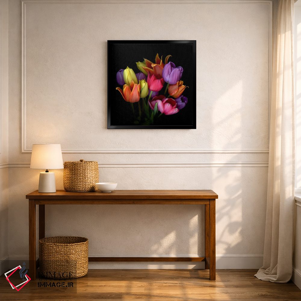 تابلو دکوراتیو دسته گل لاله های نارنجی، زرد، بنفش و صورتی اثر مگدا ایندیگو - D5B