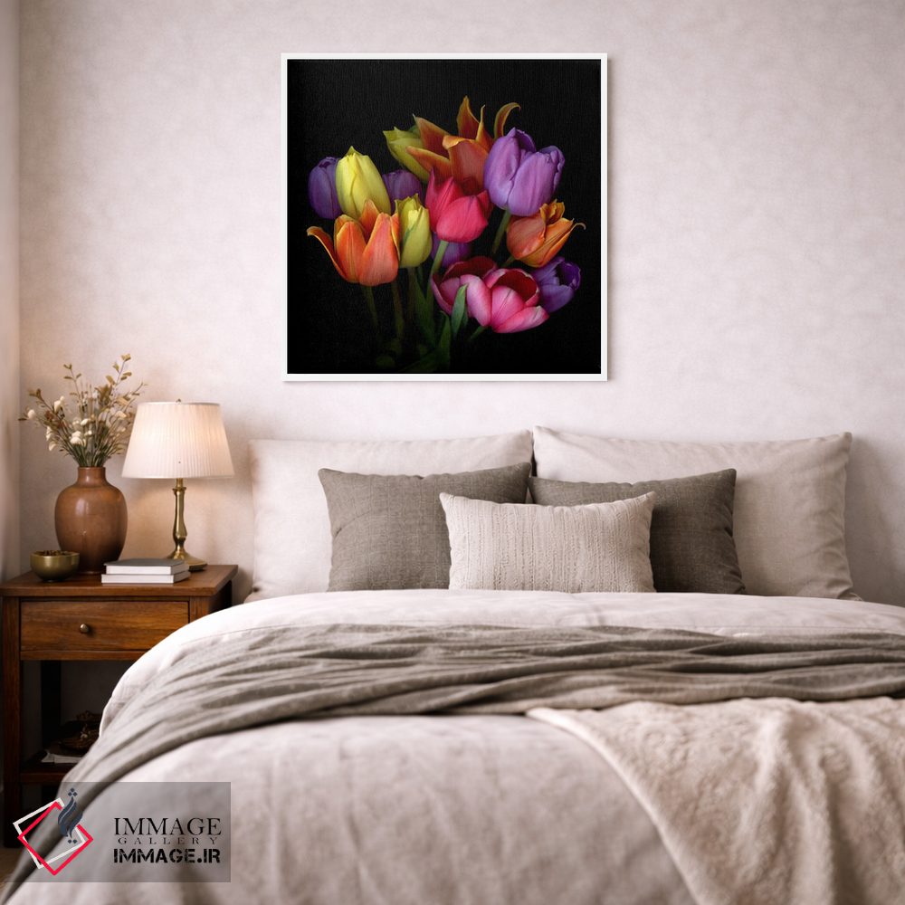 تابلو دکوراتیو دسته گل لاله های نارنجی، زرد، بنفش و صورتی اثر مگدا ایندیگو - D3W