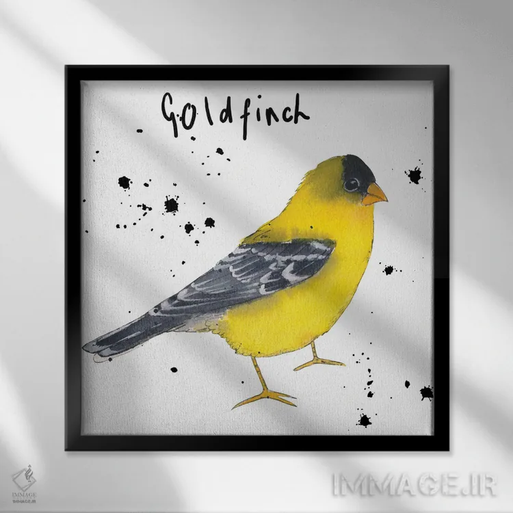تابلو دکوراتیو فنچ طلایی اثر میشل کمپل - نمای قابدار مشکی