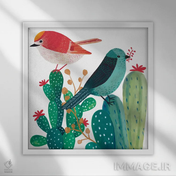 تابلو دکوراتیو پرندگان و کاکتوس اثر میشل کمپل - نمای قابدار سفید