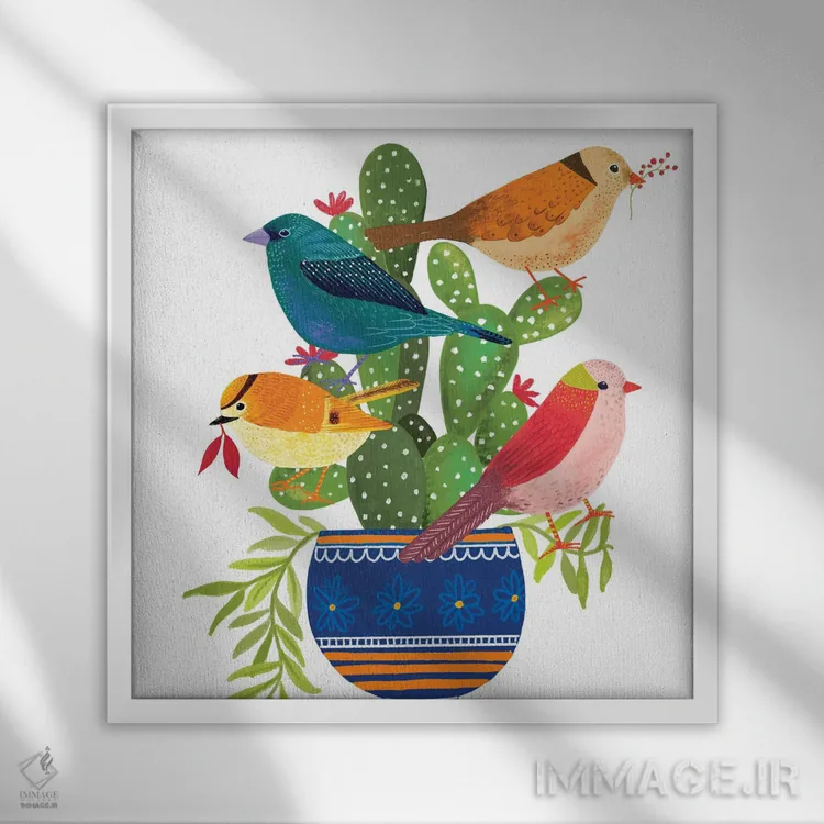 تابلو دکوراتیو پرندگان زیبا اثر میشل کمپل - نمای قابدار سفید