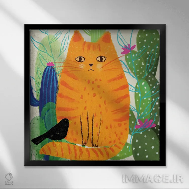 تابلو دکوراتیو گربه زنجبیلی نارنجی رنگارنگ اثر میشل کمپل - نمای قابدار مشکی