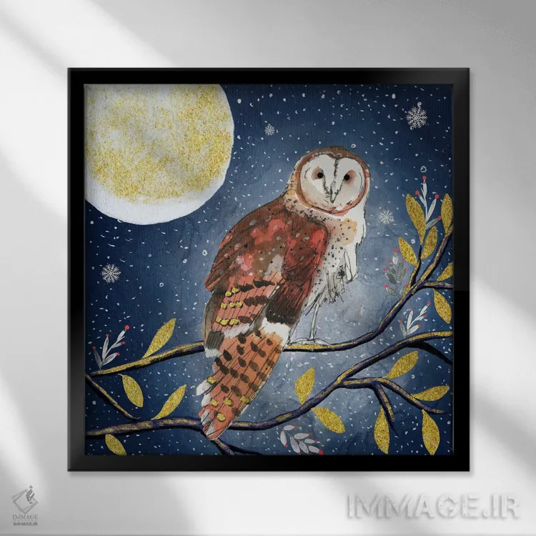 تابلو دکوراتیو جغد شب اثر میشل کمپل - نمای قابدار مشکی