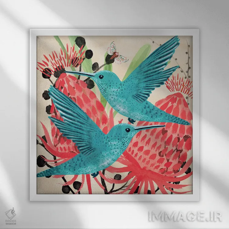 تابلو دکوراتیو طرح مرغ های مگس خوار آبی اثر میشل کمپل - نمای قابدار سفید