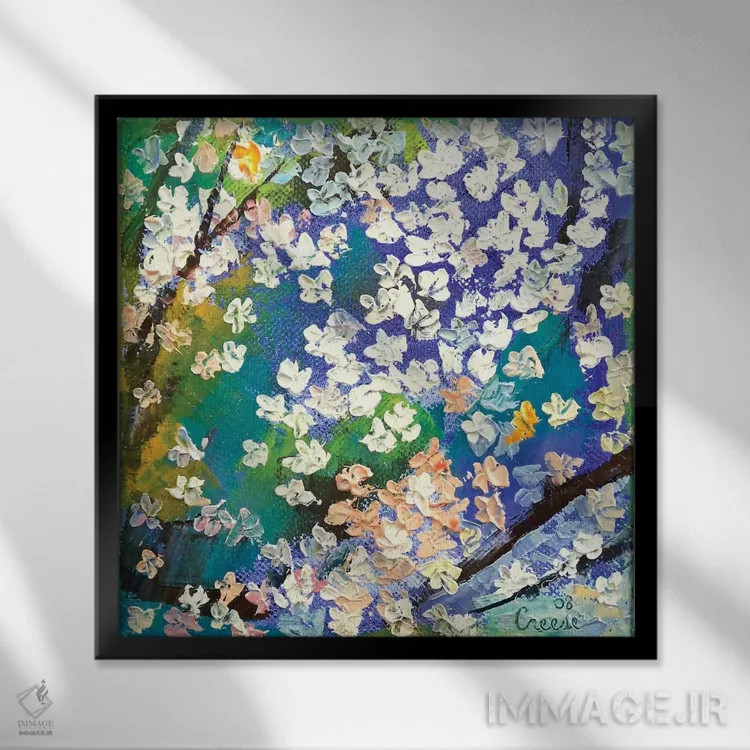 تابلو دکوراتیو نقاشی روغنی شکوفه گیلاس اثر مایکل کریس - نمای قابدار مشکی