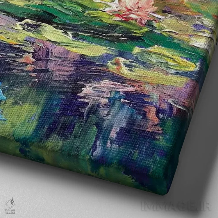 تابلو انتزاعی نیلوفرهای آبی اثر مایکل کریس - نمای نزدیک بافت بوم