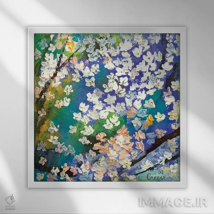 تابلو دکوراتیو نقاشی روغنی شکوفه گیلاس اثر مایکل کریس - نمای قابدار سفید