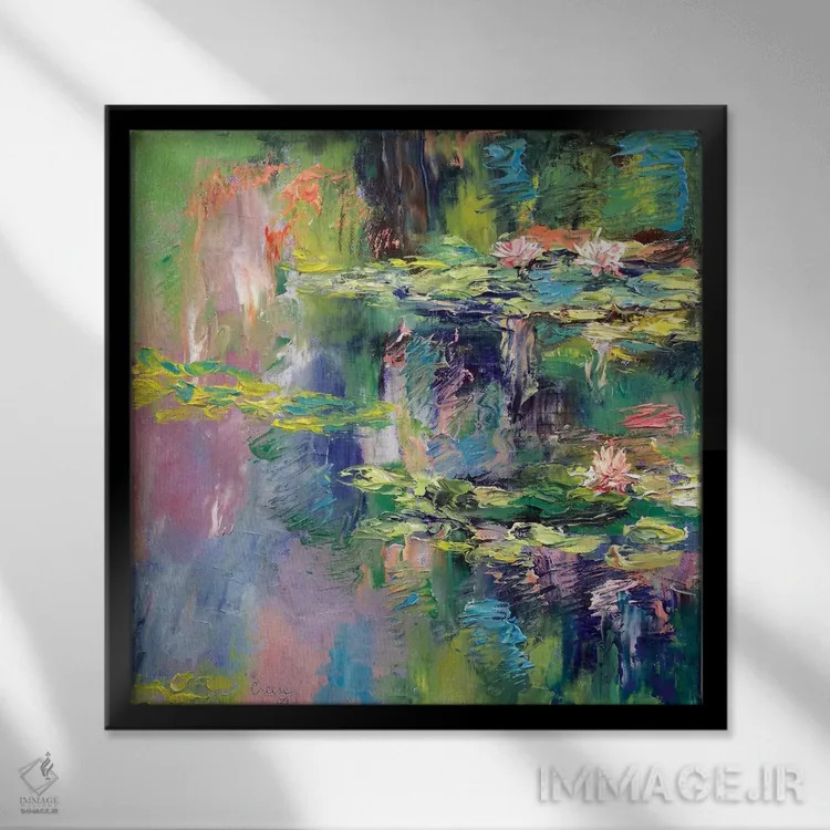تابلو انتزاعی نیلوفرهای آبی اثر مایکل کریس - نمای قابدار مشکی