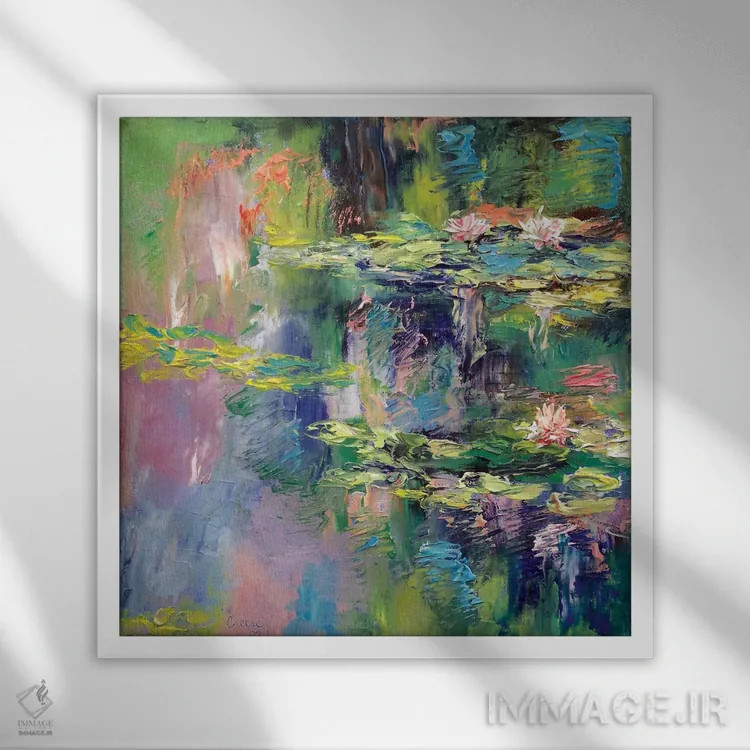 تابلو انتزاعی نیلوفرهای آبی اثر مایکل کریس - نمای قابدار سفید