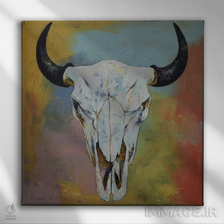 تابلو دکوراتیو جمجمه گاومیش آمریکایی اثر مایکل کریس - نمای روبهرو روی دیوار