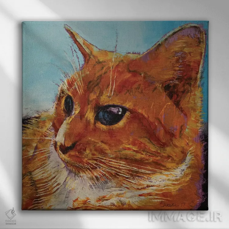 تابلو دکوراتیو گربه نارنجی خال دار اثر مایکل کریس - نمای روبهرو روی دیوار