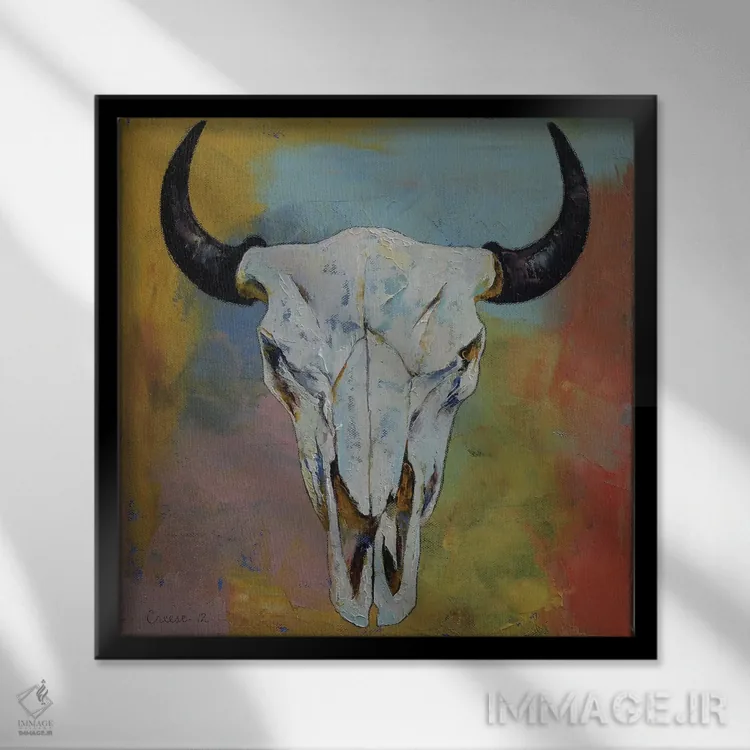 تابلو دکوراتیو جمجمه گاومیش آمریکایی اثر مایکل کریس - نمای قابدار مشکی