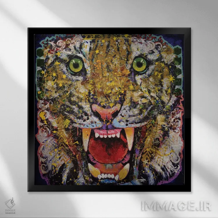 تابلو دکوراتیو ببر رنگین اثر مایکل کریس - نمای قابدار مشکی