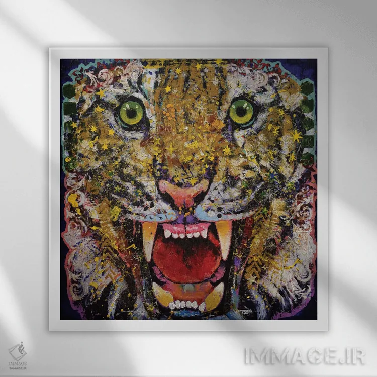 تابلو دکوراتیو ببر رنگین اثر مایکل کریس - نمای قابدار سفید