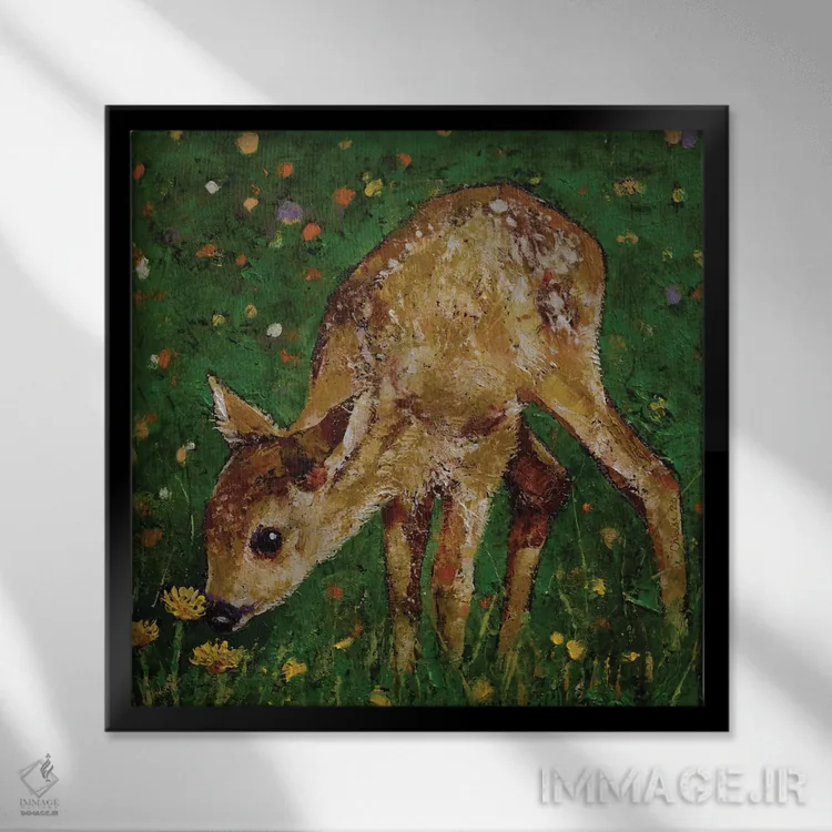 تابلو دکوراتیو گوزن جوان با قاصدک ها اثر مایکل کریس - نمای قابدار مشکی