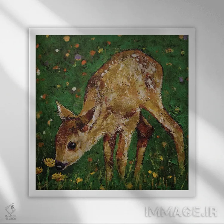 تابلو دکوراتیو گوزن جوان با قاصدک ها اثر مایکل کریس - نمای قابدار سفید