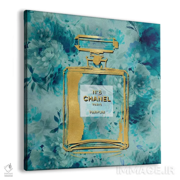 تابلو دکوراتیو عطر طلایی روی گل های فیروزه ای اثر مدلین بلیک - نمای پرسپکتیو محصول