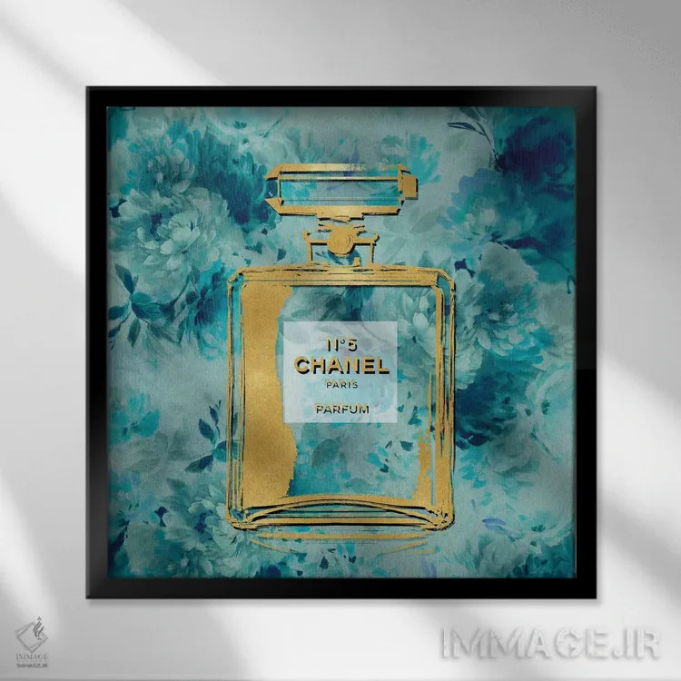 تابلو دکوراتیو عطر طلایی روی گل های فیروزه ای اثر مدلین بلیک - نمای قابدار مشکی