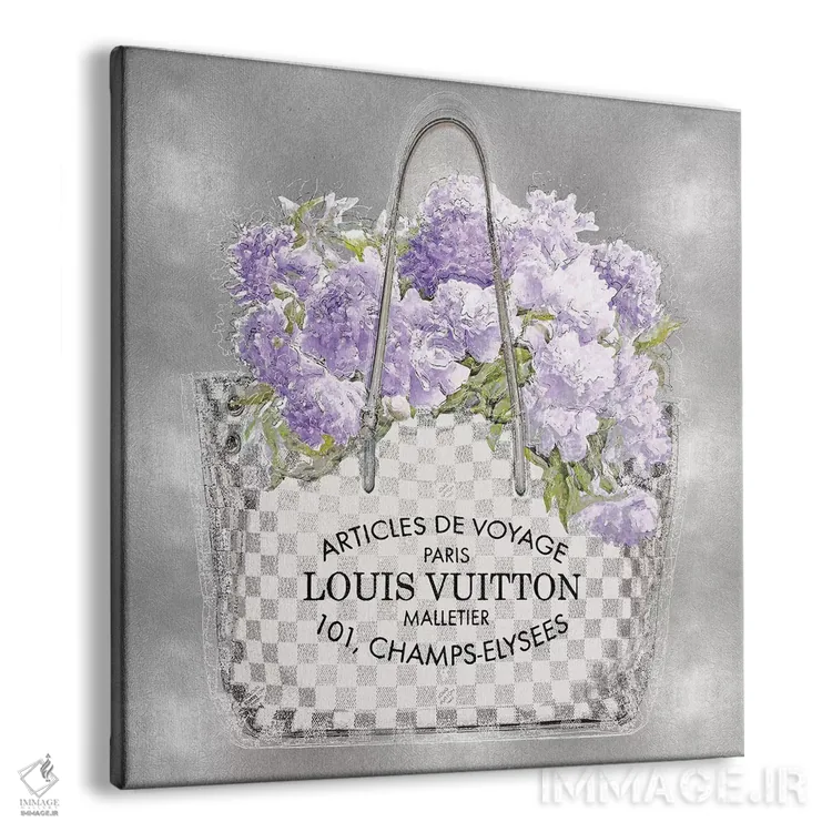 تابلو دکوراتیو دسته گل اسطوخودوس روی زمینه نقره ای اثر مدلین بلیک - نمای پرسپکتیو محصول