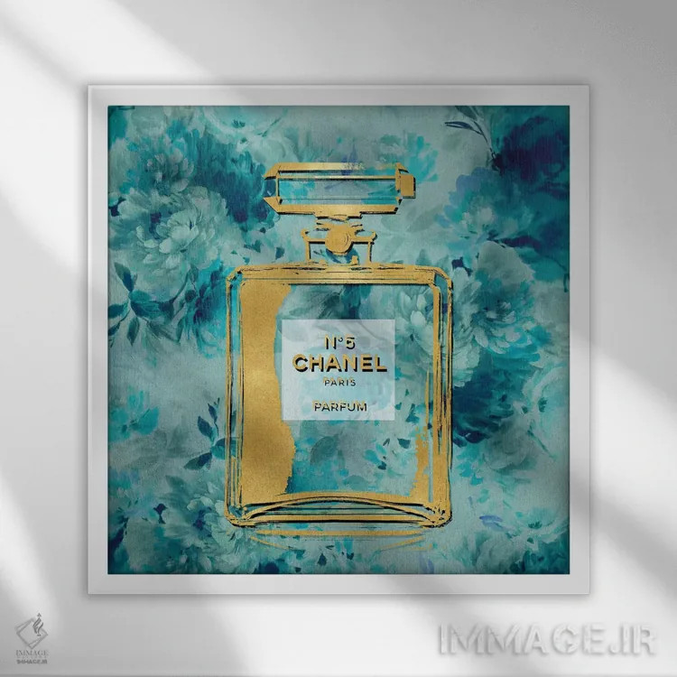 تابلو دکوراتیو عطر طلایی روی گل های فیروزه ای اثر مدلین بلیک - نمای قابدار سفید