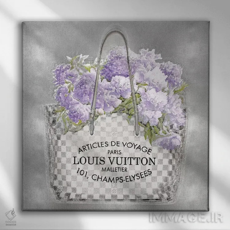 تابلو دکوراتیو دسته گل اسطوخودوس روی زمینه نقره ای اثر مدلین بلیک - نمای روبهرو روی دیوار