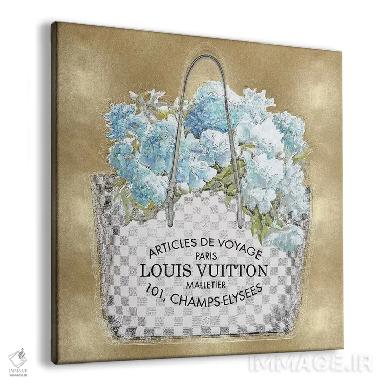 تابلو دکوراتیو دسته گل فیروزه ای روی زمینه طلایی اثر مدلین بلیک - نمای پرسپکتیو محصول