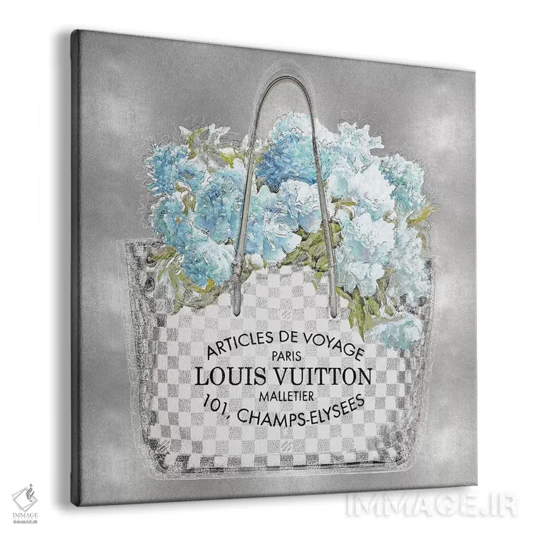 تابلو دکوراتیو دسته گل فیروزه ای روی زمینه نقره ای اثر مدلین بلیک - نمای پرسپکتیو محصول