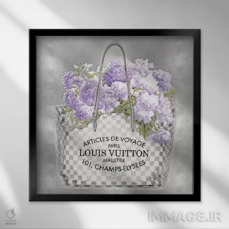 تابلو دکوراتیو دسته گل اسطوخودوس روی زمینه نقره ای اثر مدلین بلیک - نمای قابدار مشکی