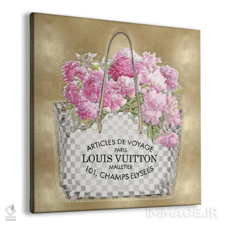 تابلو دکوراتیو دسته گل صورتی روی زمینه طلایی اثر مدلین بلیک - نمای پرسپکتیو محصول