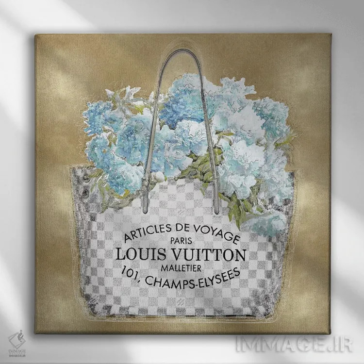 تابلو دکوراتیو دسته گل فیروزه ای روی زمینه طلایی اثر مدلین بلیک - نمای روبهرو روی دیوار