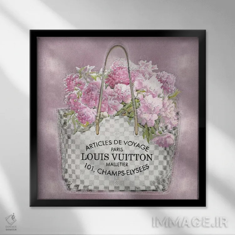 تابلو دکوراتیو دسته گل صورتی روی زمینه صورتی اثر مدلین بلیک - نمای قابدار مشکی