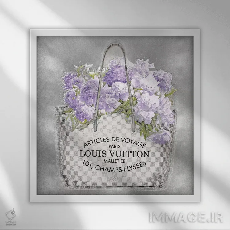 تابلو دکوراتیو دسته گل اسطوخودوس روی زمینه نقره ای اثر مدلین بلیک - نمای قابدار سفید