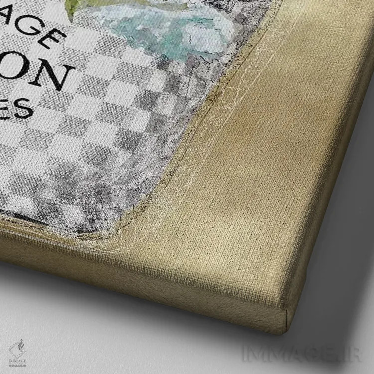 تابلو دکوراتیو دسته گل فیروزه ای روی زمینه طلایی اثر مدلین بلیک - نمای نزدیک بافت بوم