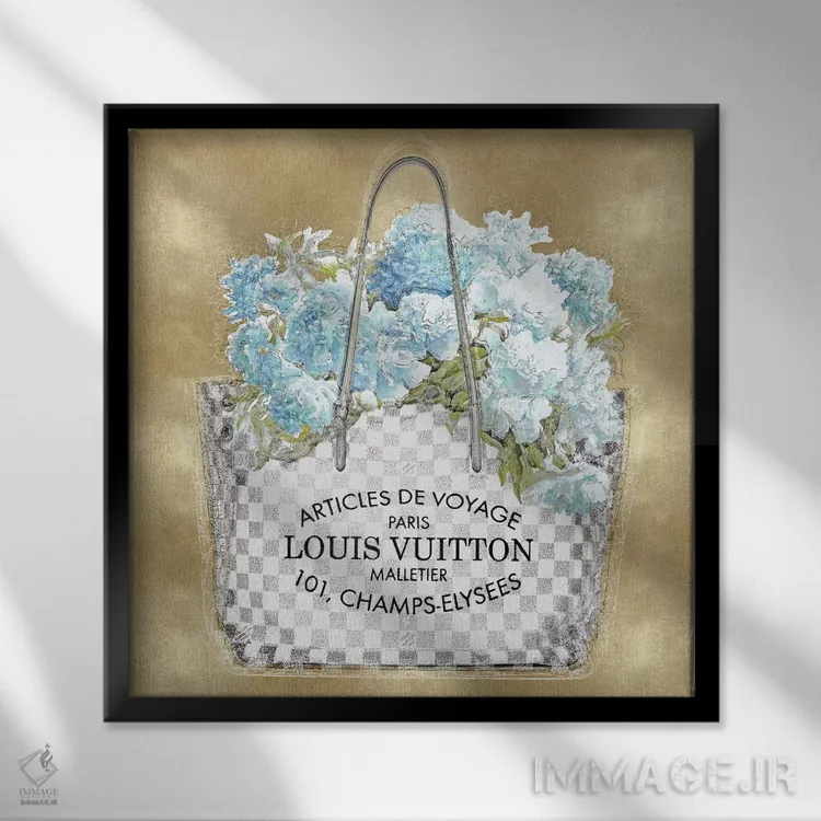 تابلو دکوراتیو دسته گل فیروزه ای روی زمینه طلایی اثر مدلین بلیک - نمای قابدار مشکی