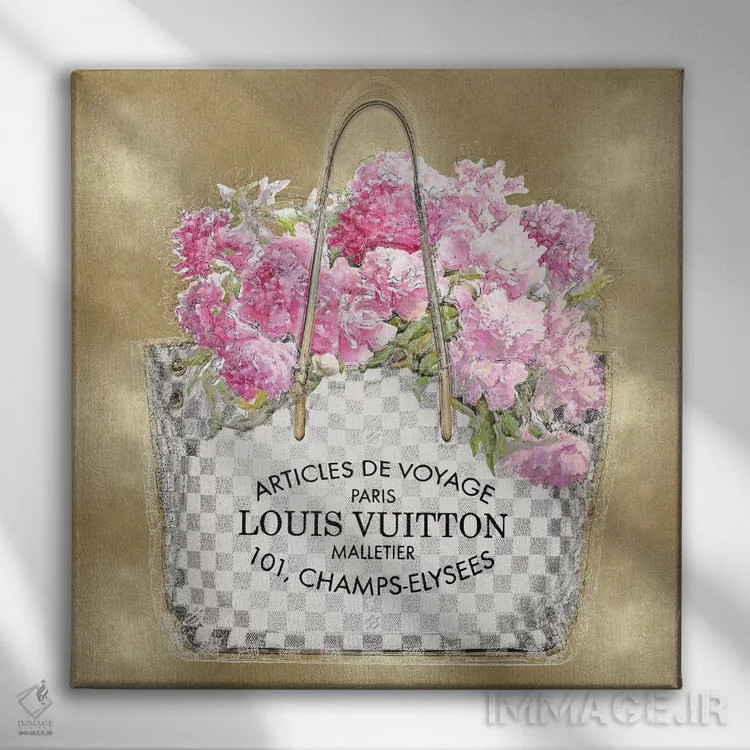 تابلو دکوراتیو دسته گل صورتی روی زمینه طلایی اثر مدلین بلیک - نمای روبهرو روی دیوار