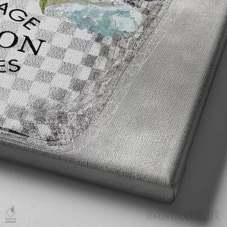 تابلو دکوراتیو دسته گل فیروزه ای روی زمینه نقره ای اثر مدلین بلیک - نمای نزدیک بافت بوم