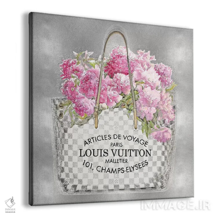 تابلو دکوراتیو دسته گل صورتی روی زمینه نقره ای اثر مدلین بلیک - نمای پرسپکتیو محصول