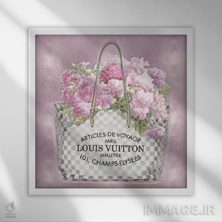 تابلو دکوراتیو دسته گل صورتی روی زمینه صورتی اثر مدلین بلیک - نمای قابدار سفید