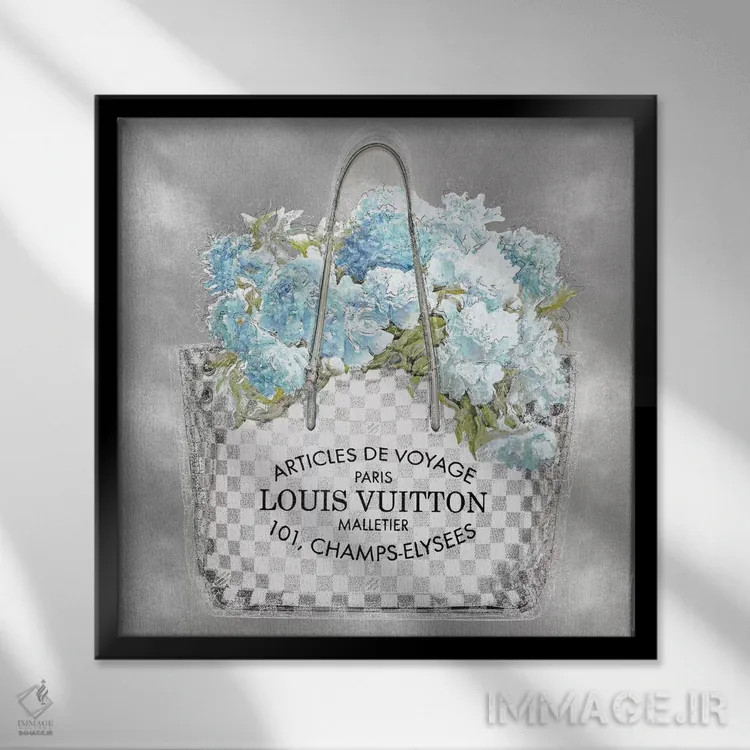 تابلو دکوراتیو دسته گل فیروزه ای روی زمینه نقره ای اثر مدلین بلیک - نمای قابدار مشکی