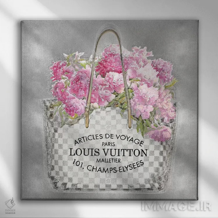 تابلو دکوراتیو دسته گل صورتی روی زمینه نقره ای اثر مدلین بلیک - نمای روبهرو روی دیوار