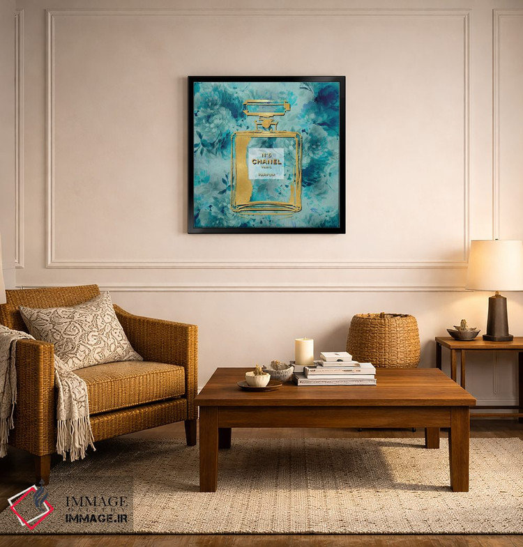 تابلو دکوراتیو عطر طلایی روی گل های فیروزه ای اثر مدلین بلیک - D6B