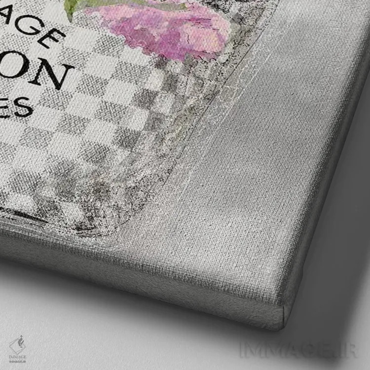 تابلو دکوراتیو دسته گل صورتی روی زمینه نقره ای اثر مدلین بلیک - نمای نزدیک بافت بوم