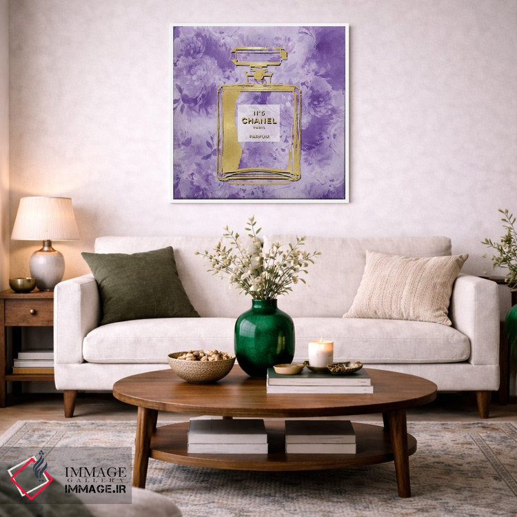 تابلو دکوراتیو عطر طلایی روی گل های بنفش اثر مدلین بلیک - D1W
