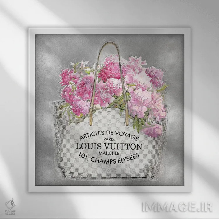 تابلو دکوراتیو دسته گل صورتی روی زمینه نقره ای اثر مدلین بلیک - نمای قابدار سفید