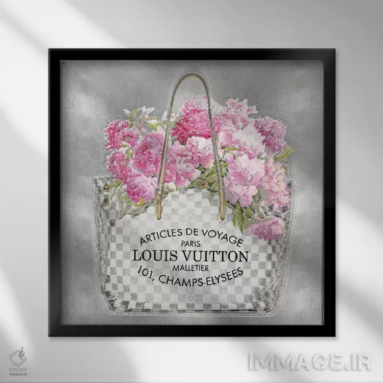 تابلو دکوراتیو دسته گل صورتی روی زمینه نقره ای اثر مدلین بلیک - نمای قابدار مشکی