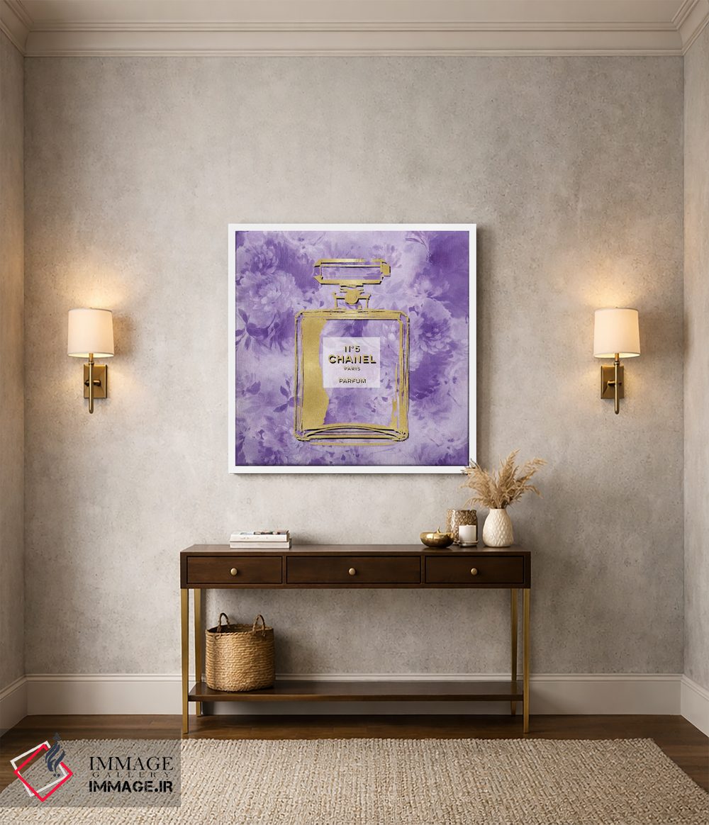 تابلو دکوراتیو عطر طلایی روی گل های بنفش اثر مدلین بلیک - D2W