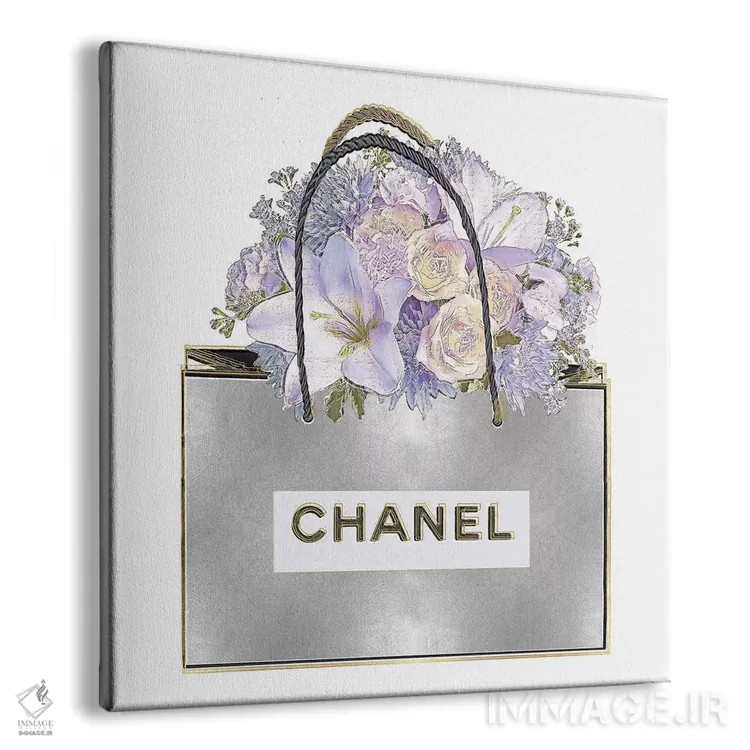 تابلو دکوراتیو کیف نقره ای و دسته گل بنفش اثر مدلین بلیک - نمای پرسپکتیو محصول